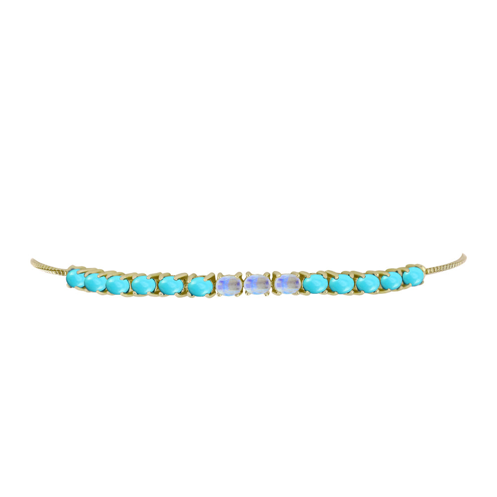 Pulsera de Plata Bañada en Oro con Turquesa Bella Durmiente y Piedra Lunar Arco Iris