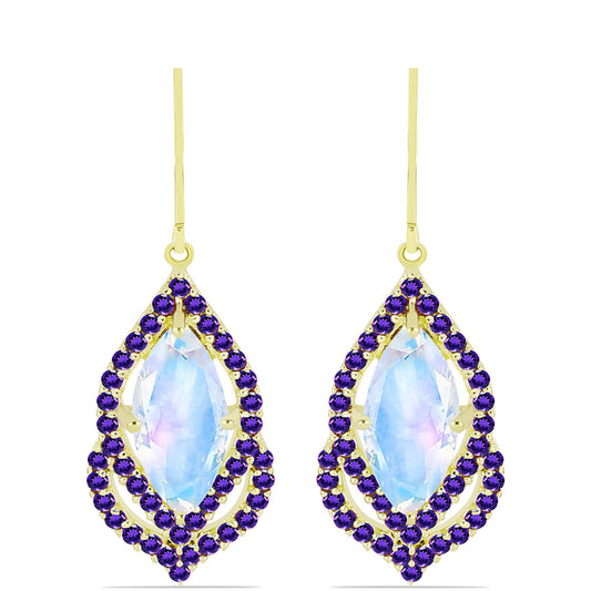 Pendientes de Plata Bañada en Oro con Piedra Lunar Arco Iris y Amatista de Marruecos