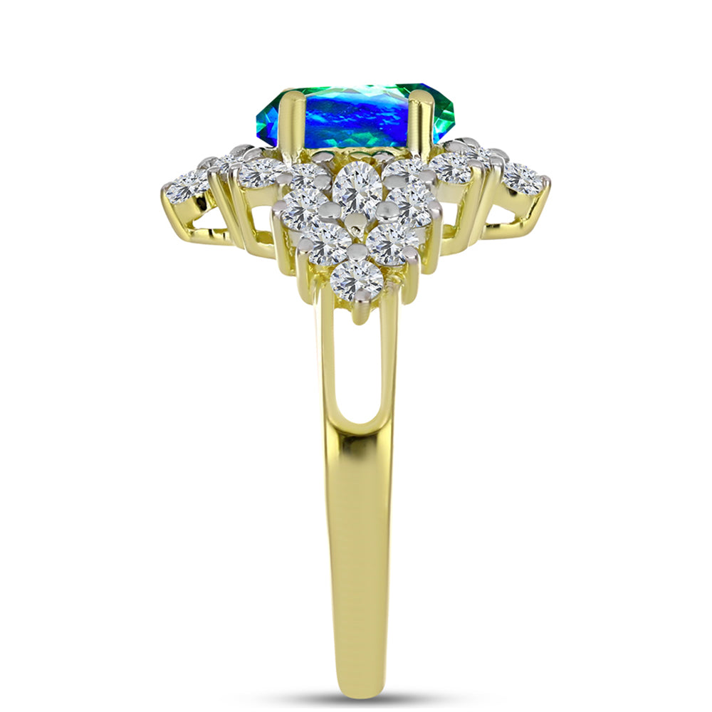 Anillo de Plata Bañada en Oro con Cuarzo Pavo Real y Topacio Blanco