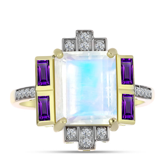 Anillo de Plata Bañada en Oro con Piedra Lunar Arco Iris y Amatista de Marruecos