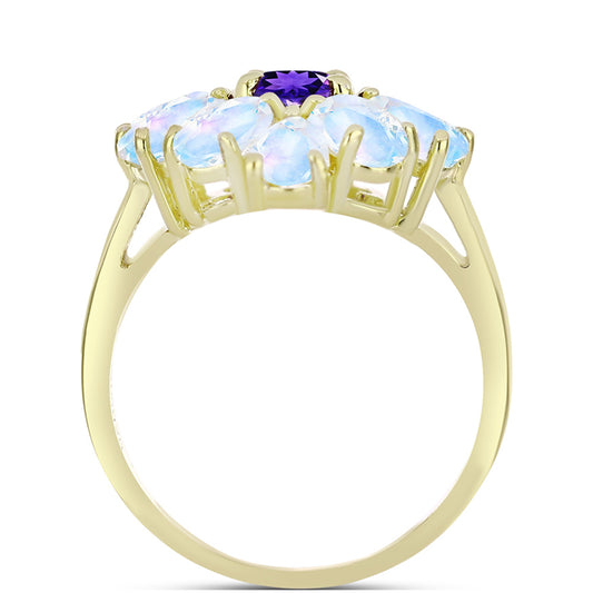 Anillo de Plata Bañada en Oro con Piedra Lunar Arco Iris y Amatista de Marruecos