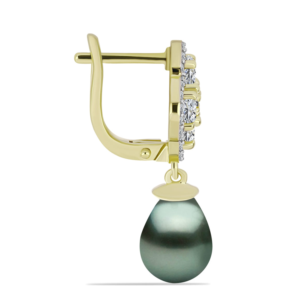 Pendientes de Plata Bañada en Oro con Perla de río Tahiti verde ilusión y Topacio Blanco