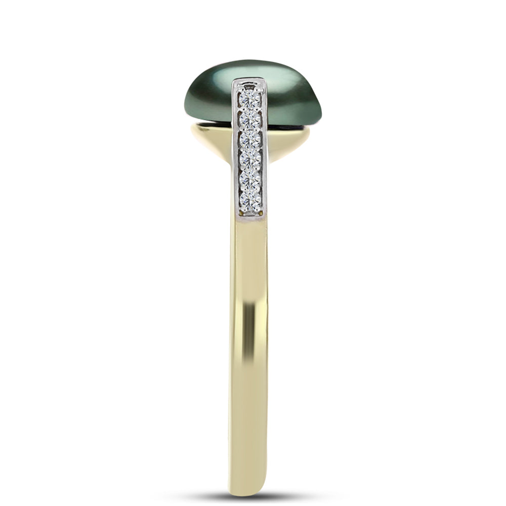 Anillo de Plata Bañada en Oro con Perla de río Tahiti verde ilusión y Topacio Blanco