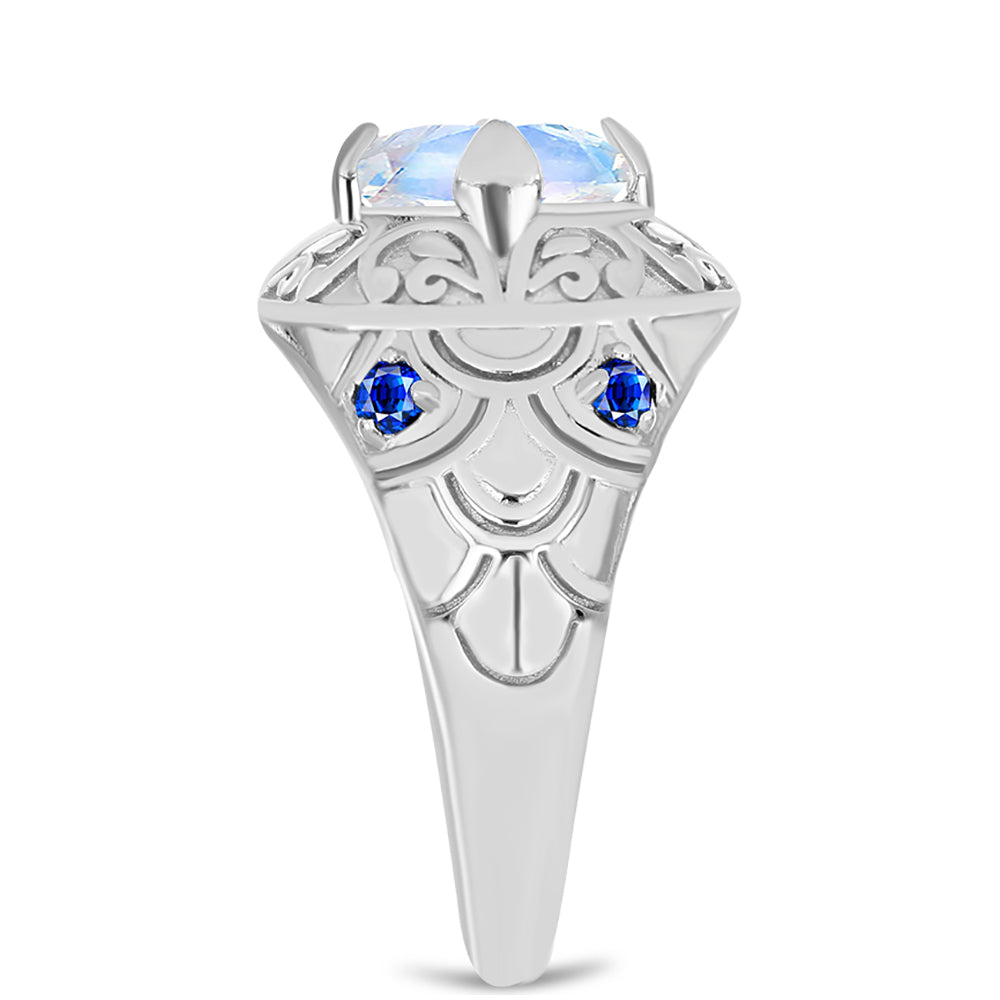 Anillo de Plata con Zafiro Azul Australiano y Piedra Lunar Arco Iris