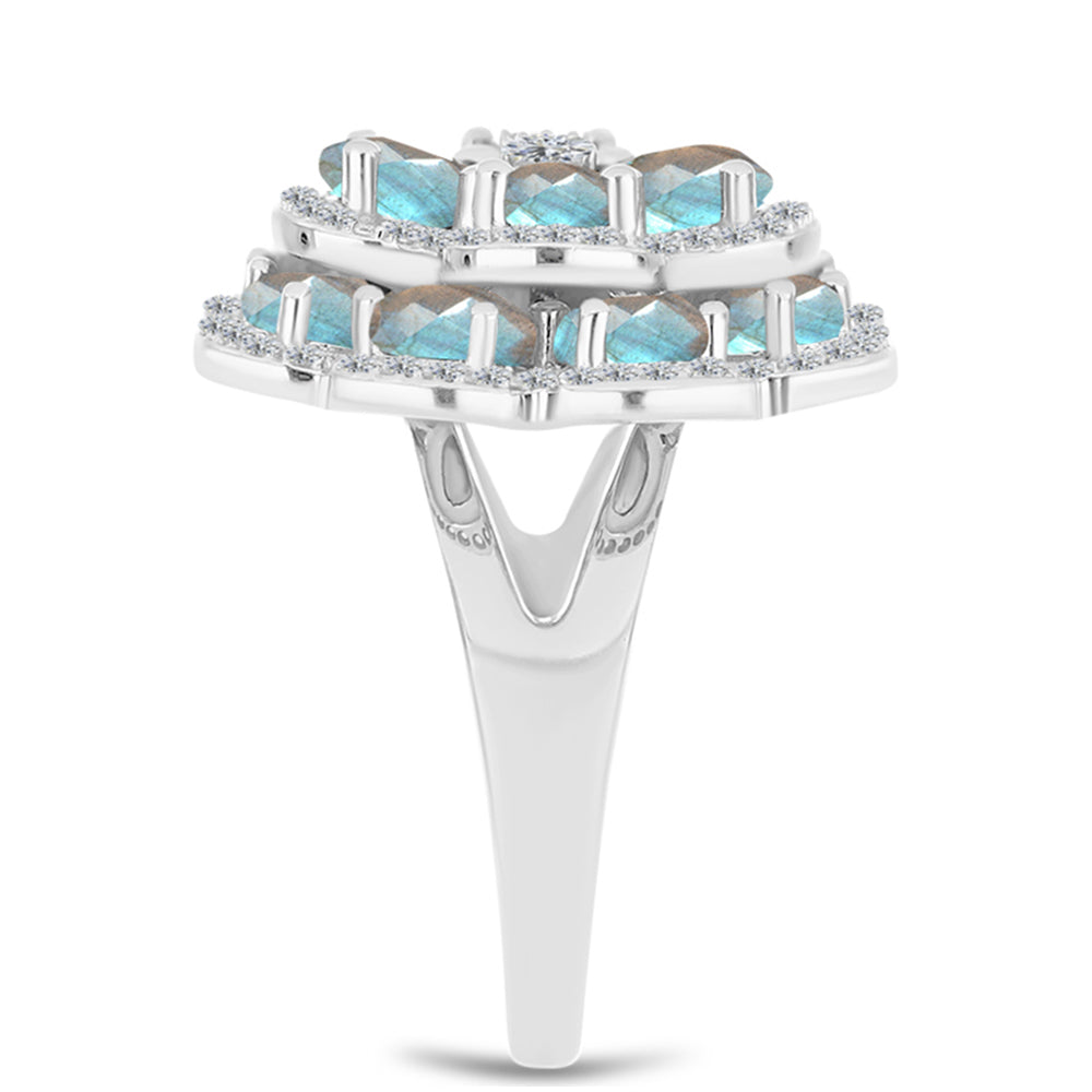 Anillo de Plata con Labradorita de las Minas de Gullgruvene y Topacio Blanco