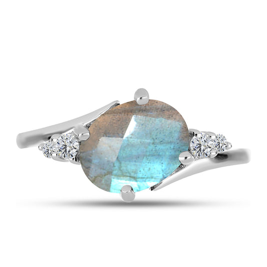 Anillo de Plata con Labradorita de las Minas de Gullgruvene y Topacio Blanco