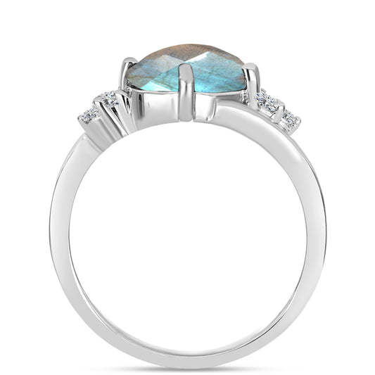 Anillo de Plata con Labradorita de las Minas de Gullgruvene y Topacio Blanco