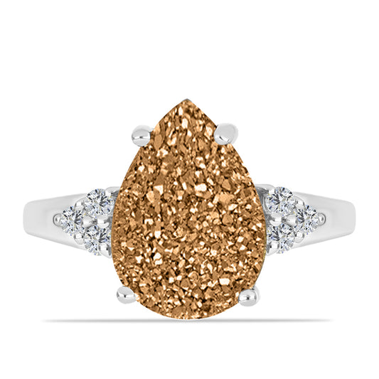 Anillo de Plata con Drusa Dorada y Topacio Blanco