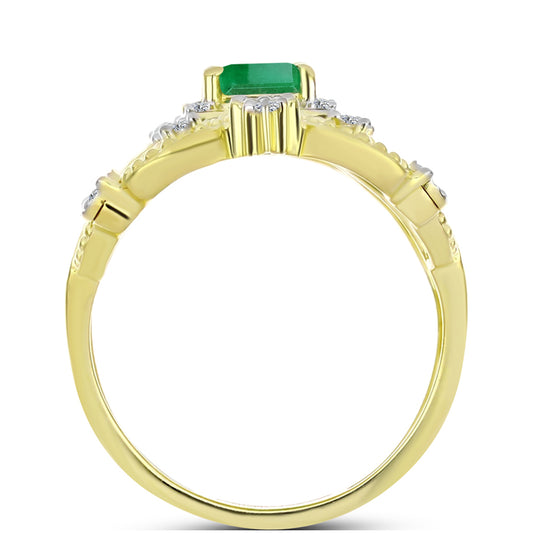 Anillo de Plata Bañada en Oro con Esmeralda de Brasil y Topacio Blanco
