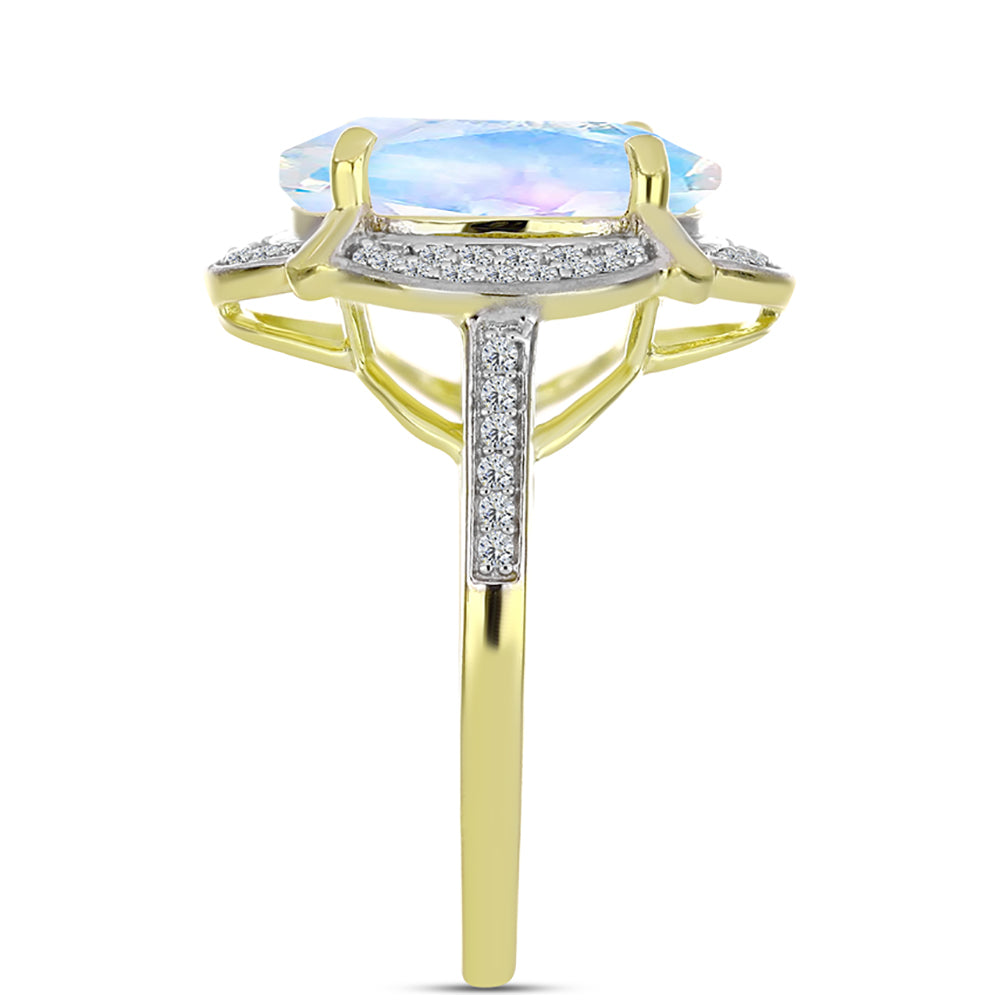 Anillo de Plata Bañada en Oro con Piedra Lunar Arco Iris y Topacio Blanco