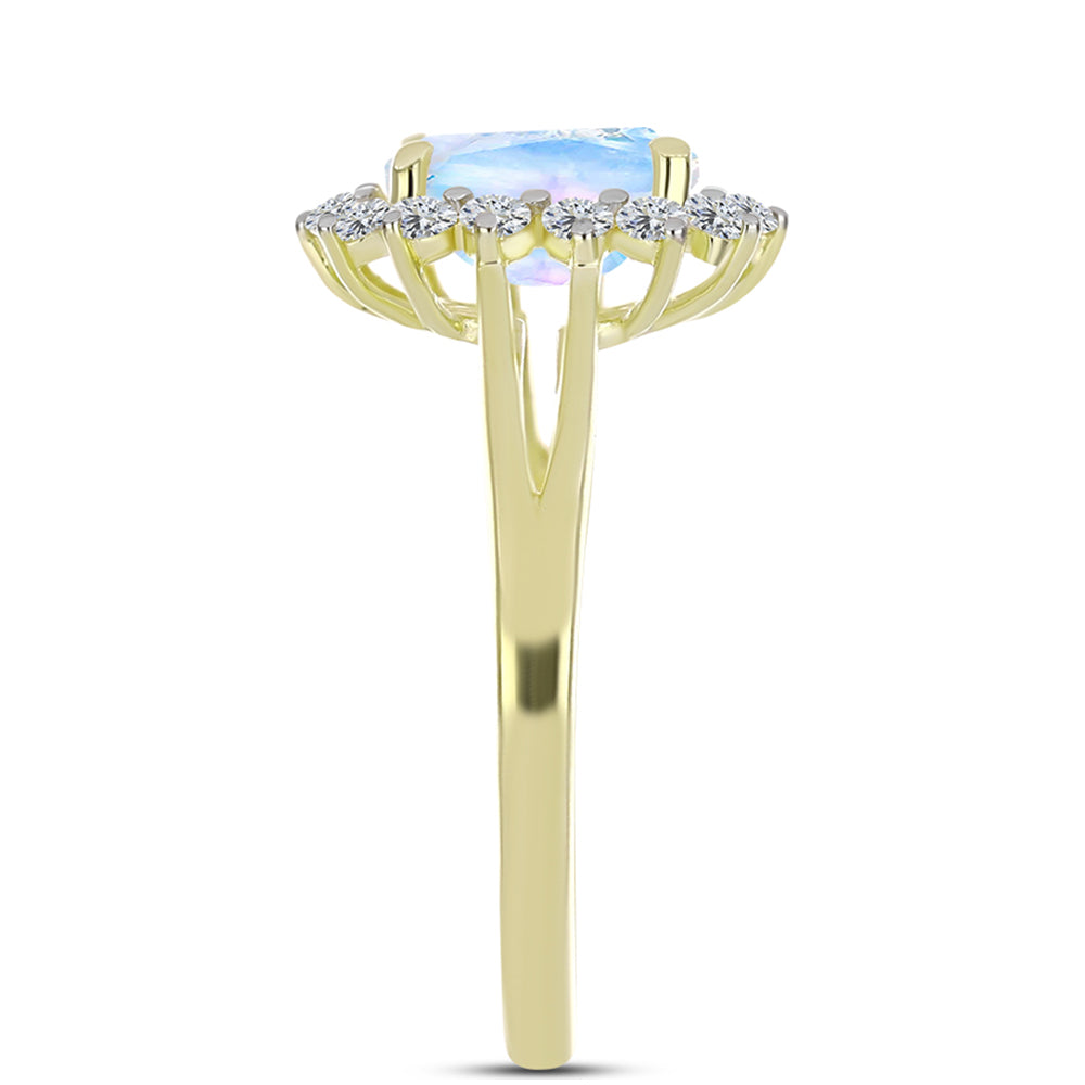 Anillo de Plata Bañada en Oro con Piedra Lunar Arco Iris y Topacio Blanco