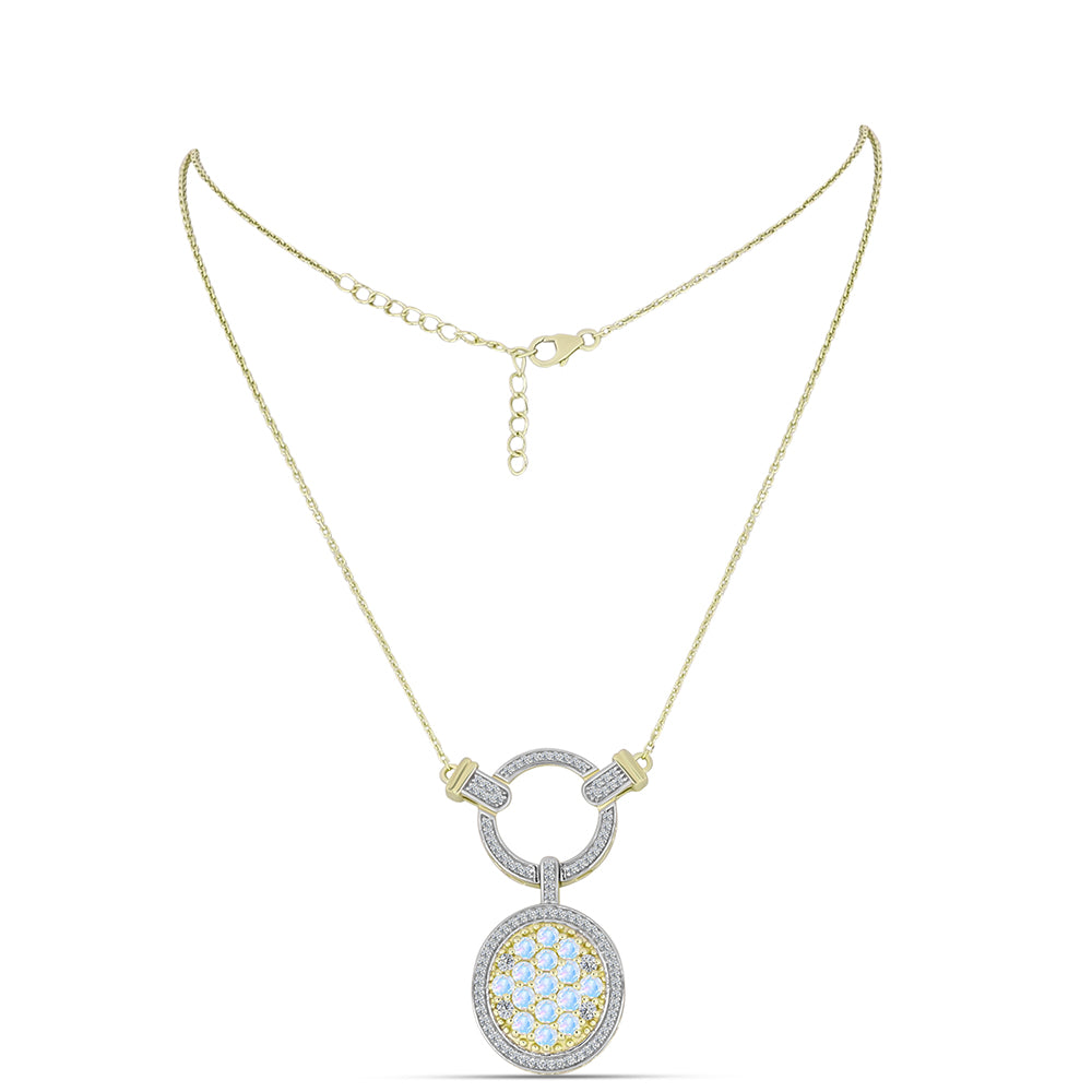 Collar de Plata Bañada en Oro con Piedra Lunar Arco Iris y Topacio Blanco