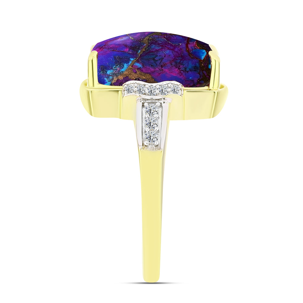 Anillo de Plata Bañada en Oro con Turquesa Cobre Morada y Topacio Blanco
