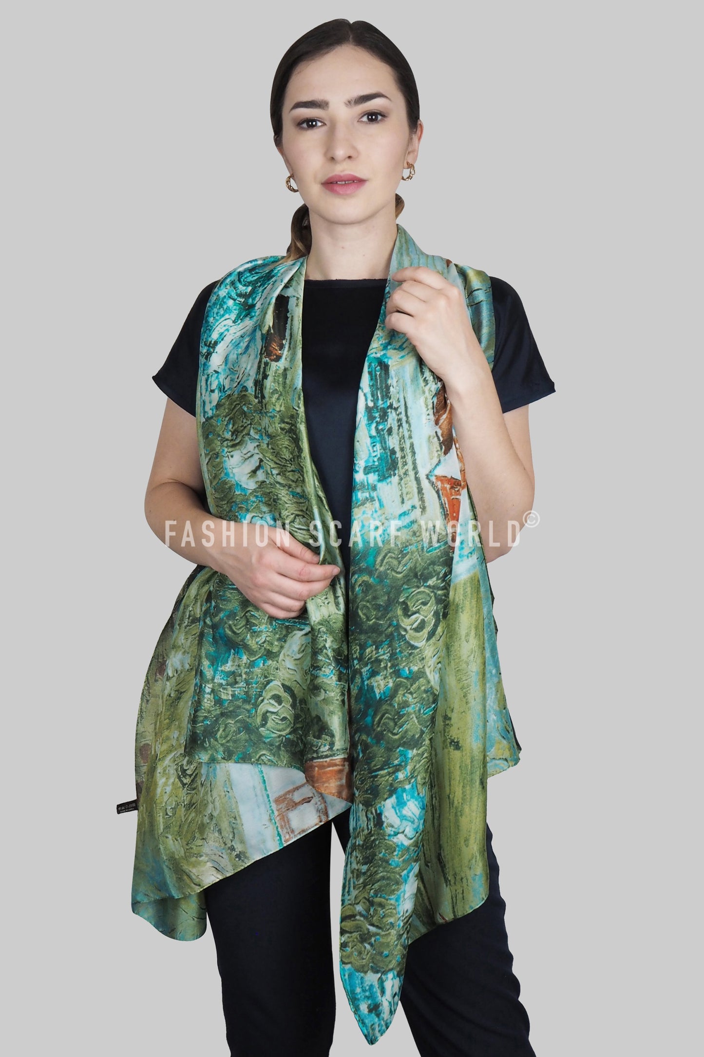 Bufanda de 100% seda auténtica, 90 cm x 180 cm, Verde