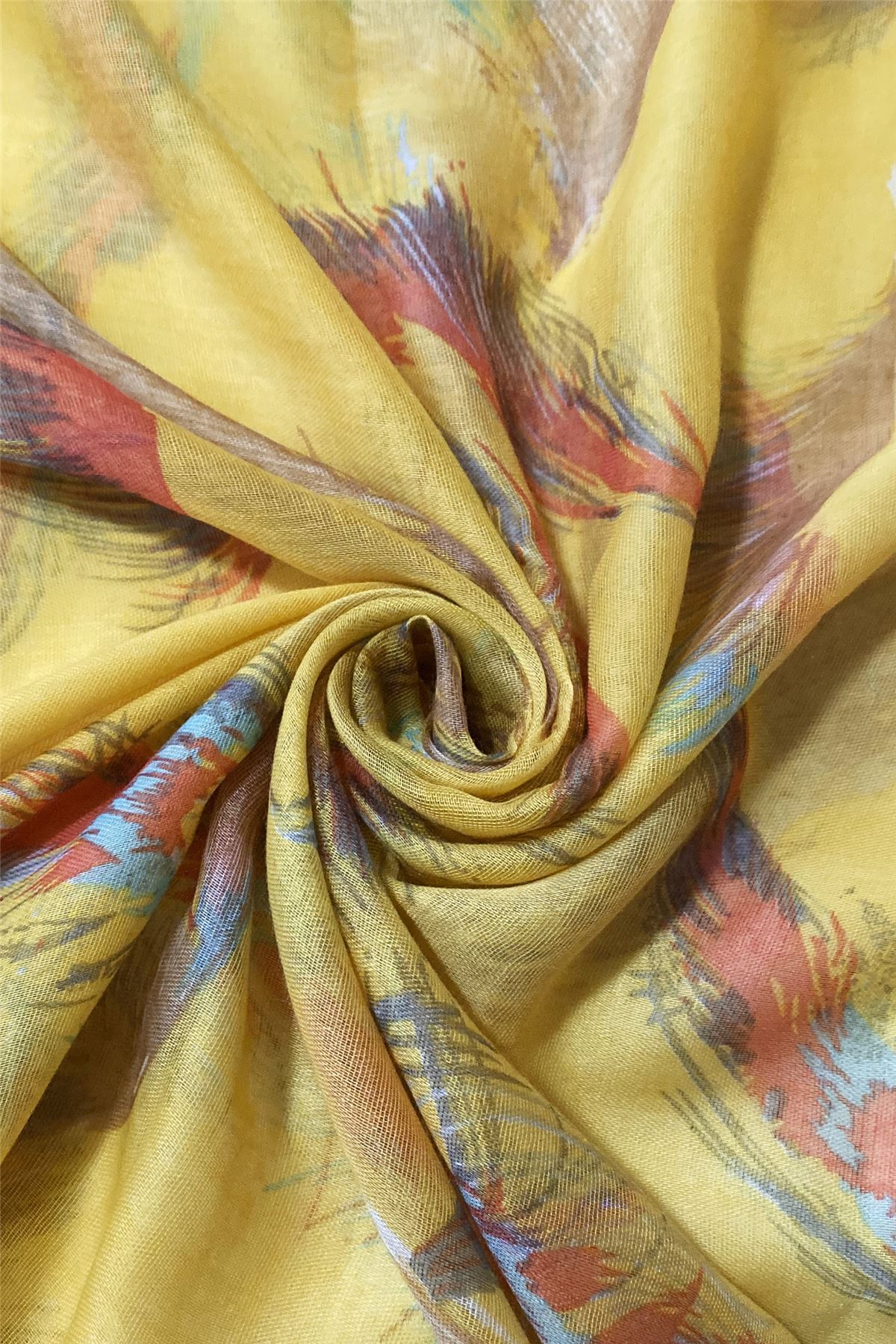 Bufanda-chal amarillo con estampado de plumas flotantes, 90 cm x 180 cm