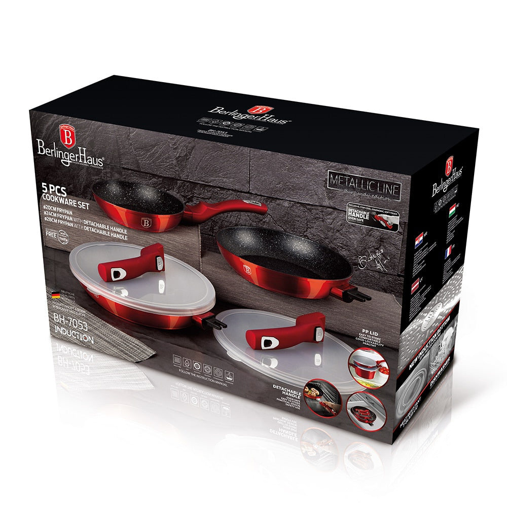 Berlinger Haus Set de 5 sartenes con asa desmontable, Metallic Line Burgundy Edition
