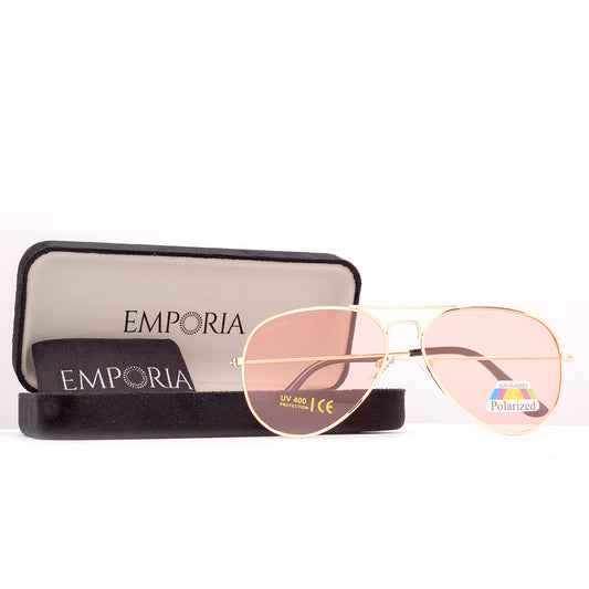 Emporia Italy - Gafas de sol piloto "CARAMELO", gafas de sol polarizadas con filtro UV con estuche y paño de limpieza, lentes de color rosa, montura dorada