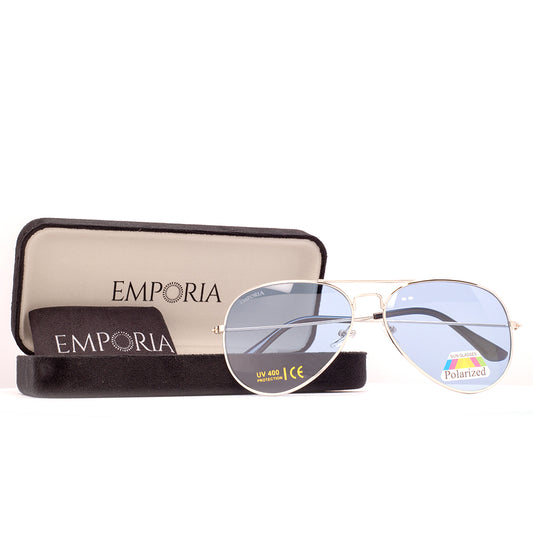 Emporia Italy - Gafas de sol piloto "HIELO", gafas de sol polarizadas con filtro UV con estuche y paño de limpieza, lentes azul claro, montura plateada