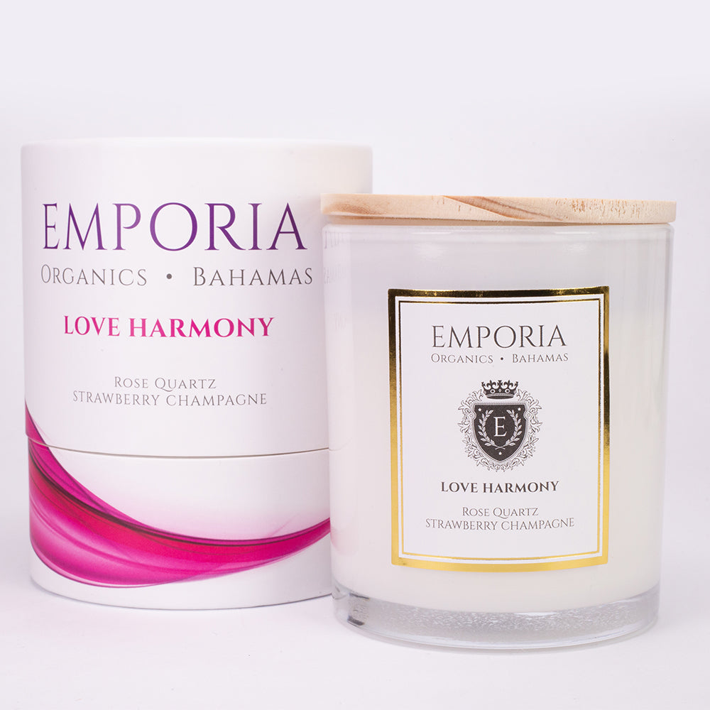 Vela de vidrio orgánico de Emporia BAHAMAS - LOVE HARMONY, con cuarzo rosa, aroma de fresa y champán, 100 % cera de soja, 230 g