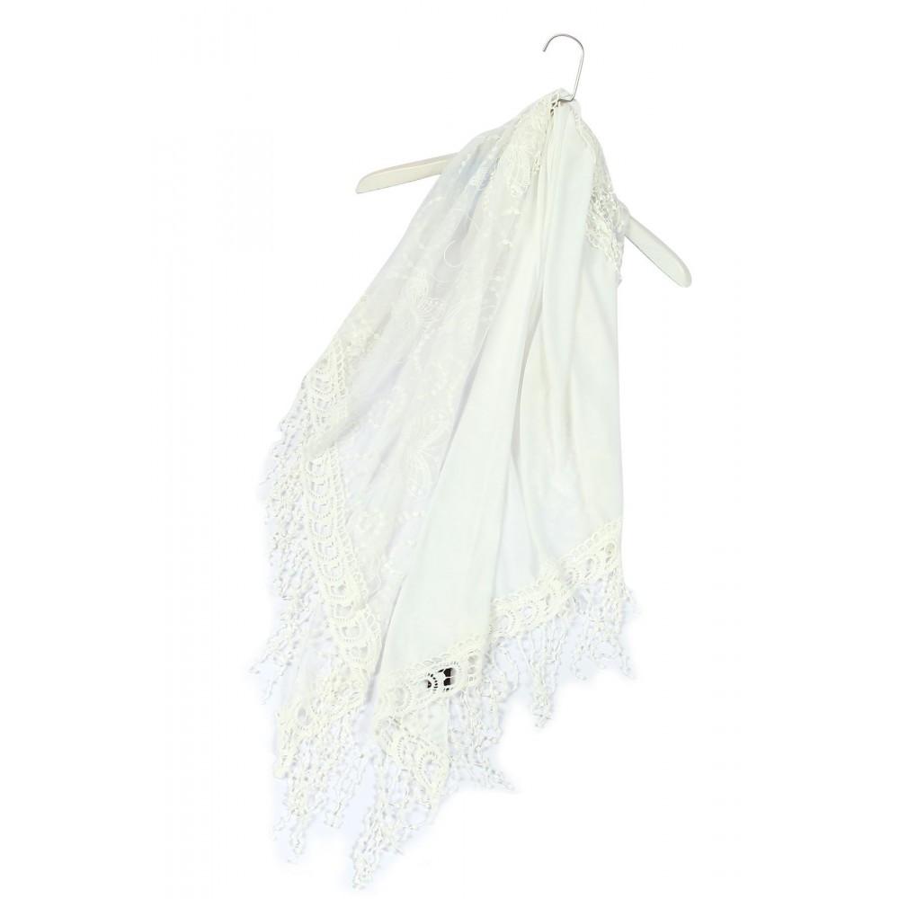 Bufanda-chal trapezoidal de algodón, 80 cm x 198 cm x 70 cm, estampado de encaje de mariposa, blanco