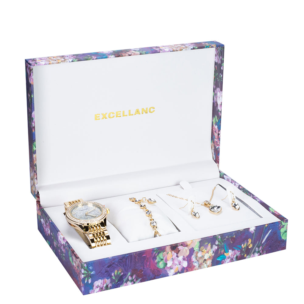 Juego de reloj de regalo para mujer Excellanc con pulsera y collar con cristales Emporia blancos en forma de corazón, tono dorado