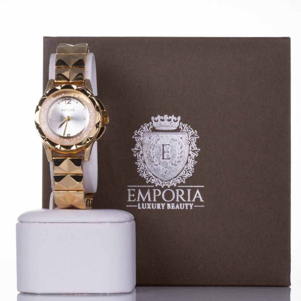 Reloj SKYLINE de aleación bañado en oro para mujer con cristales de cuarzo con estuche regalo