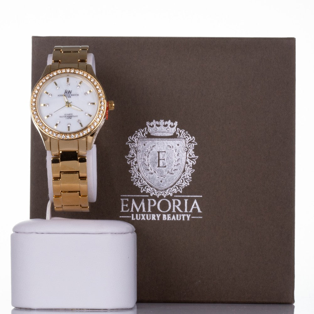 Reloj de aleación bañado en oro AW para mujer con cristales de cuarzo con caja de regalo, 18 cm
