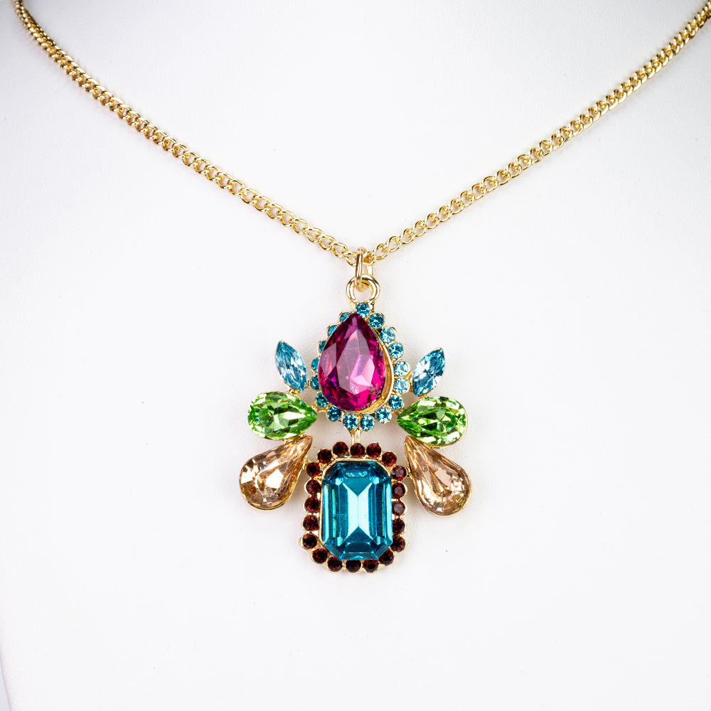 Conjunto de Aleación Bañado en Oro con Cristal Emporia® Rojo y Cristal Emporia® Azul ( Collar +Pendientes +Colgante )