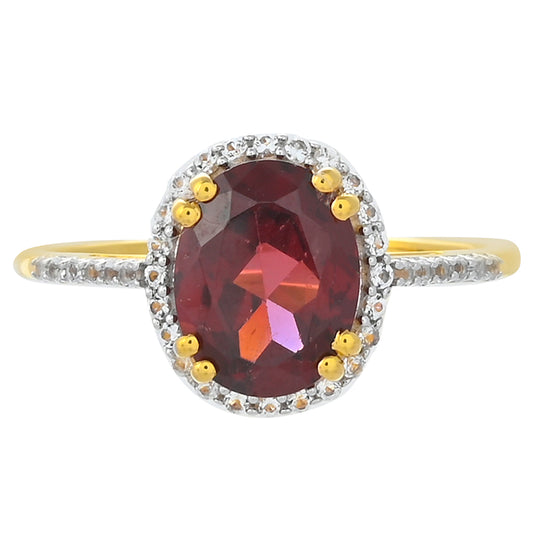 Anillo de Plata Bañada en Oro con Granate Rodolita y Topacio Blanco