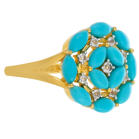 Anillo de Plata Bañada en Oro con Turquesa Bella Durmiente y Topacio Blanco