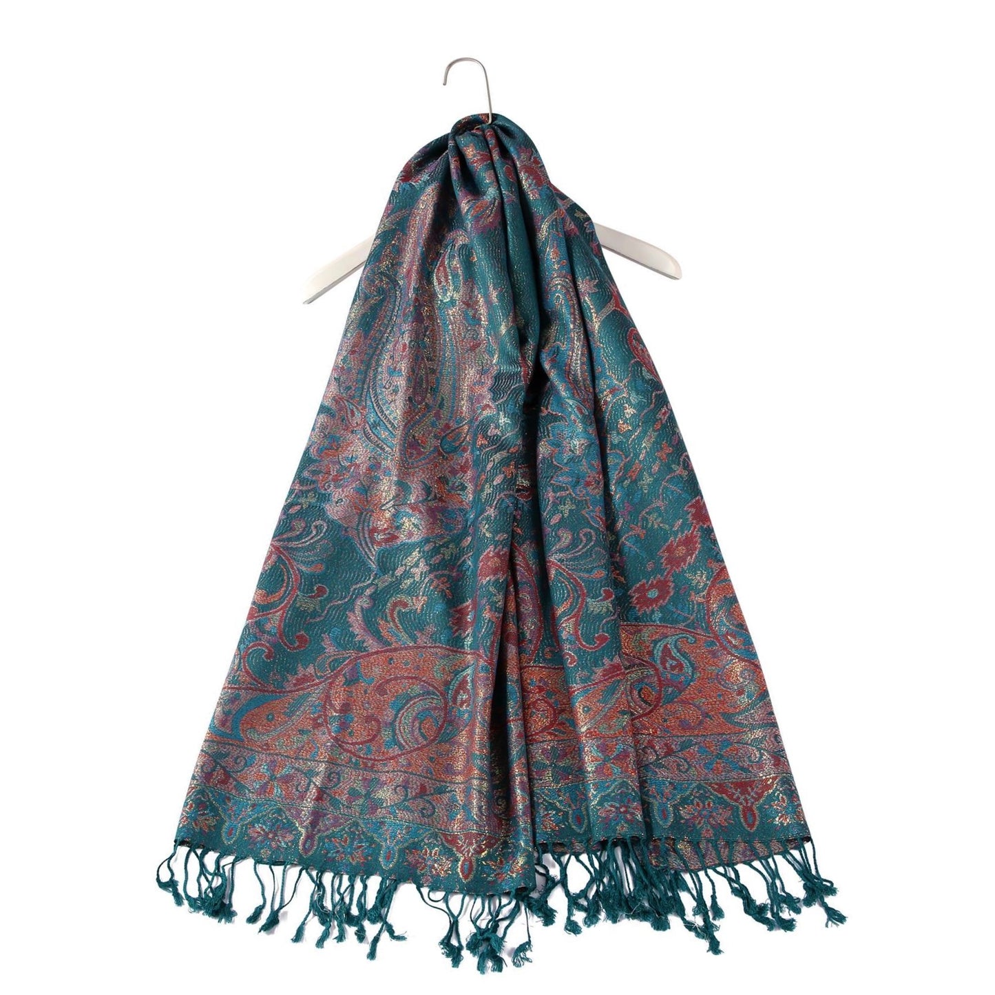 Bufanda de cachemira 100% Pashmina auténtica, 70 cm x 180 cm, paisley verde azulado, brillante