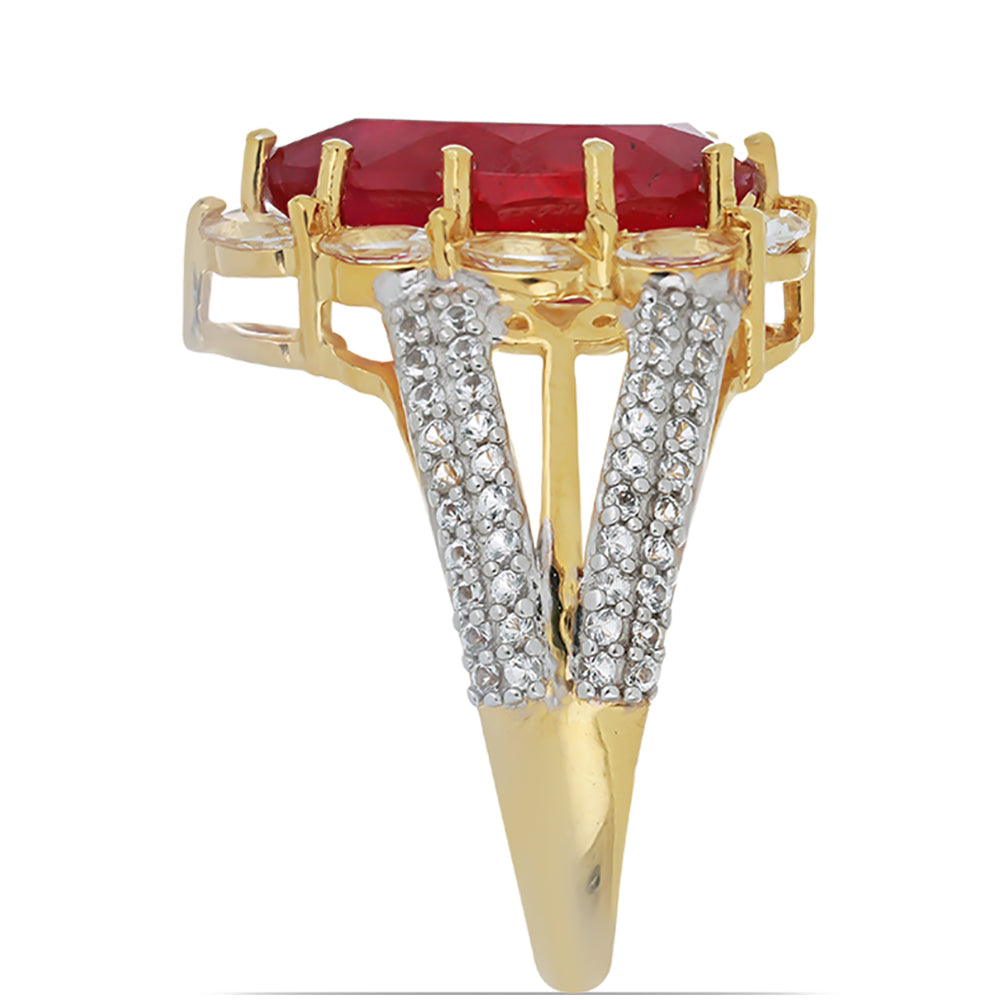 Anillo de Plata Bañada en Oro con Rubí de Madagascar y Topacio Blanco
