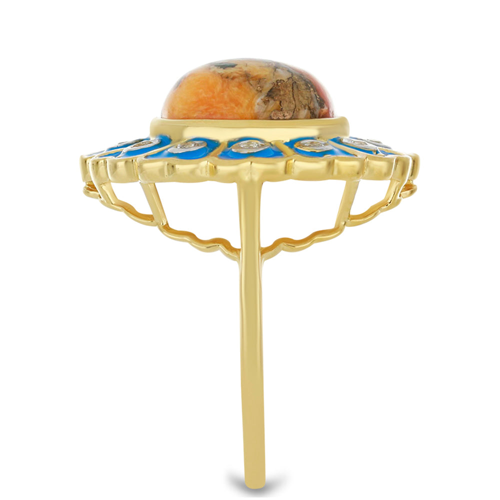 Anillo de Plata Bañada en Oro con Turquesa Ostra y Topacio Blanco