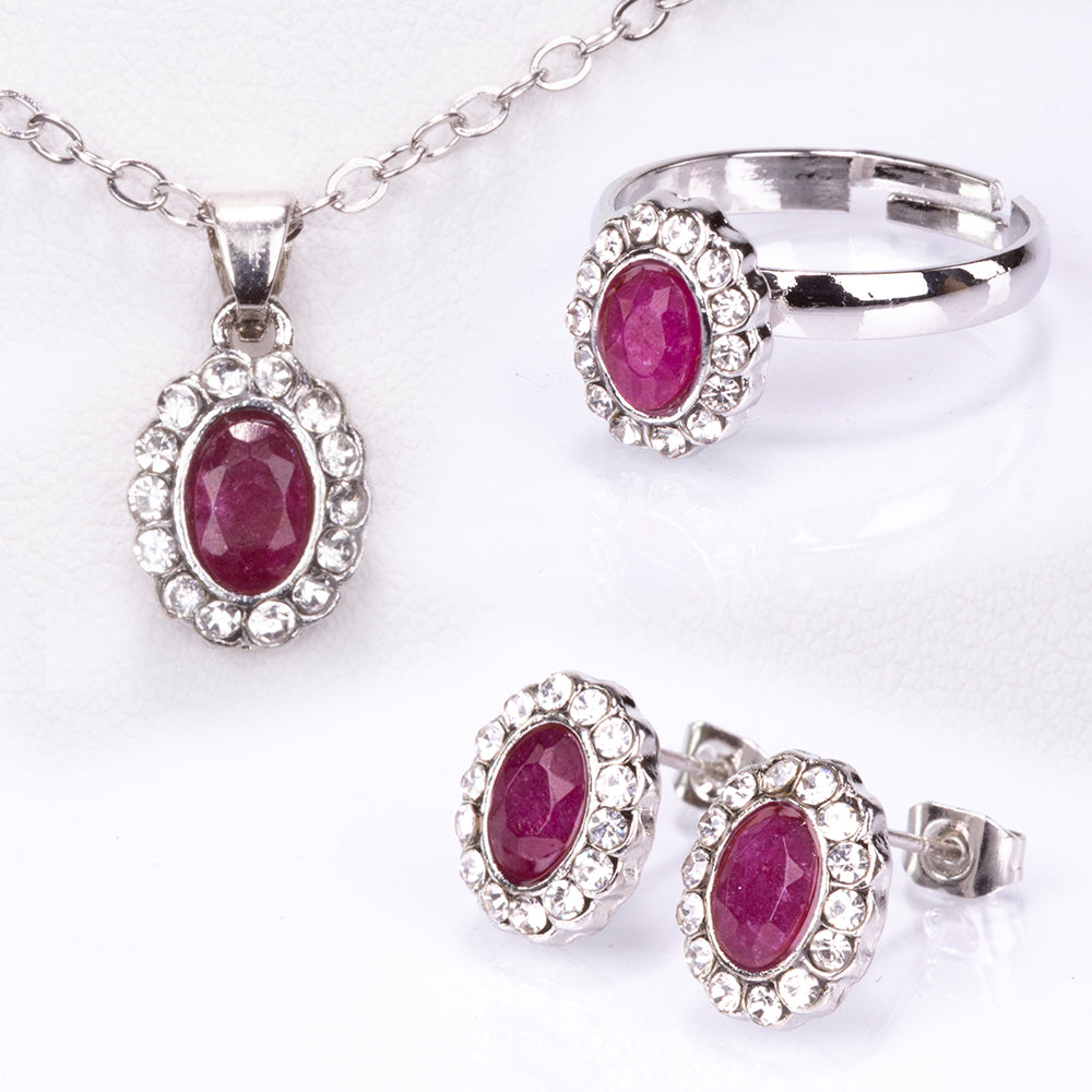 Conjunto de Aleación Bañado en Oro con Rubí y Cristal Emporia® Blanco ( Collar +Pendientes +Anillo +Colgante ) 1 