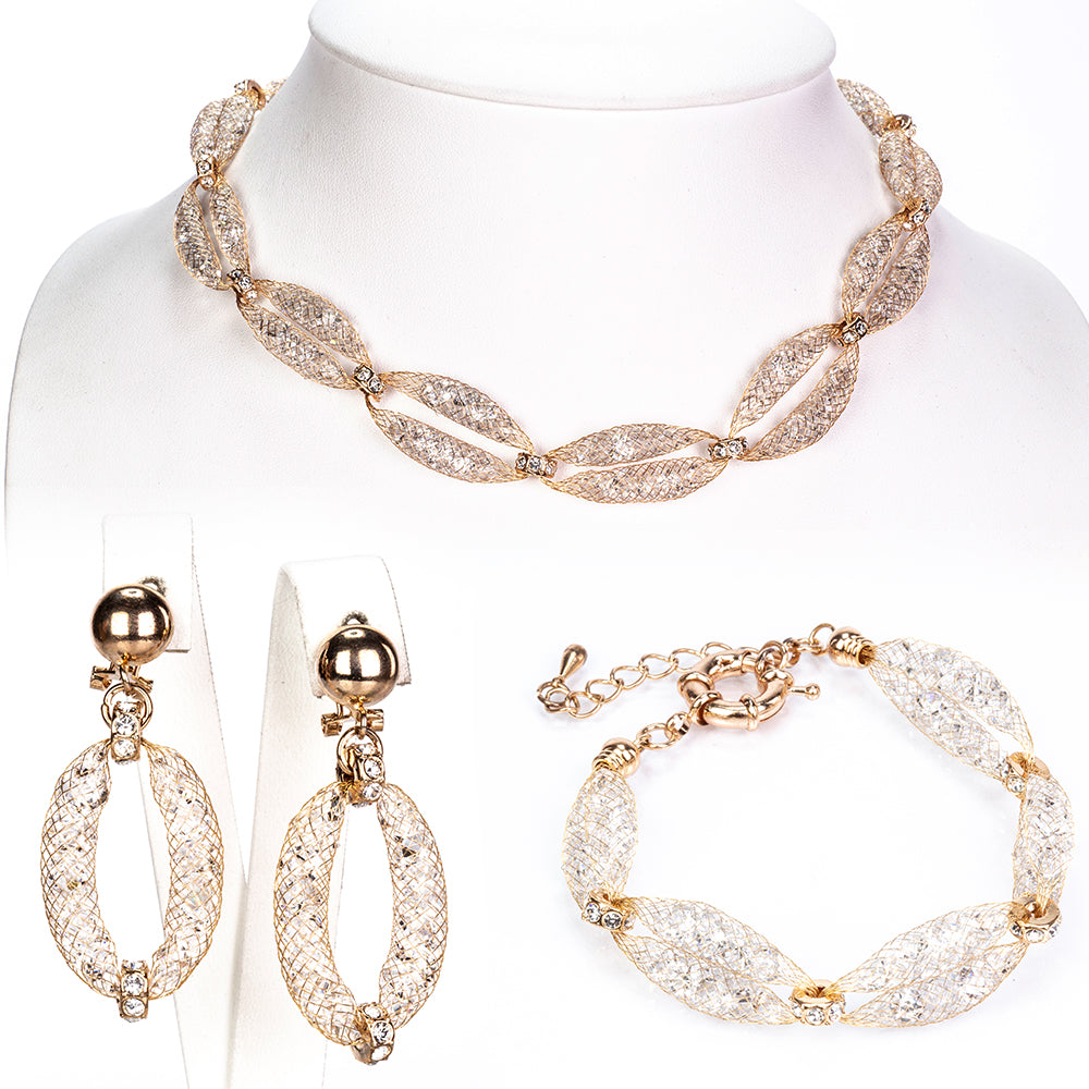 Conjunto de Aleación Bañado en Oro con Cristal Emporia® Blanco ( Collar +Pendientes +Pulsera )