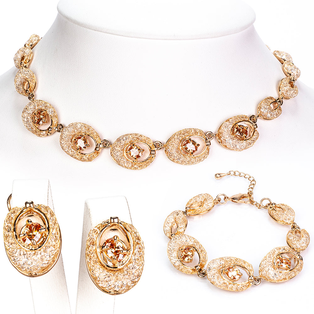 Conjunto de Aleación Bañado en Oro con Cristal Emporia® Blanco ( Collar +Pendientes +Pulsera ) 1 