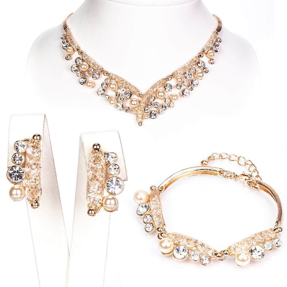 Conjunto de Aleación Bañado en Oro con Cristal Emporia® Blanco ( Collar +Pendientes +Pulsera ) 1 