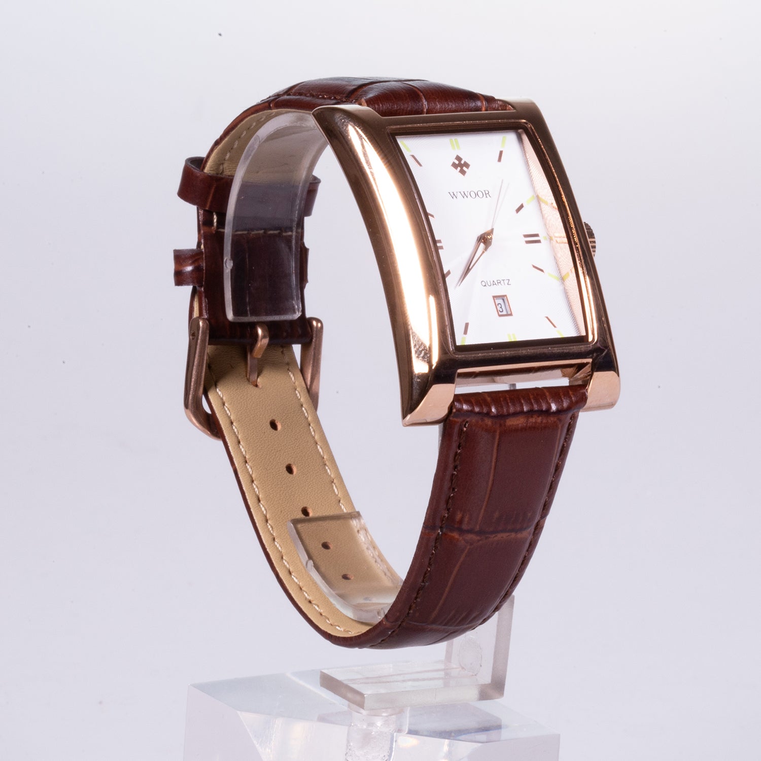 Reloj de pulsera de acero inoxidable chapado en oro con correa de cuero marrón 2 