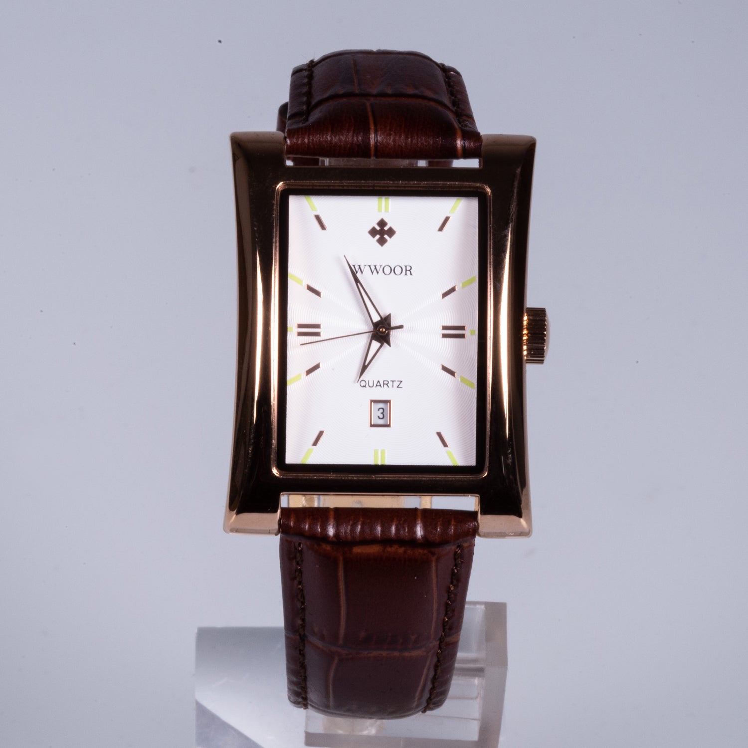 Reloj de pulsera de acero inoxidable chapado en oro con correa de cuero marrón 3 