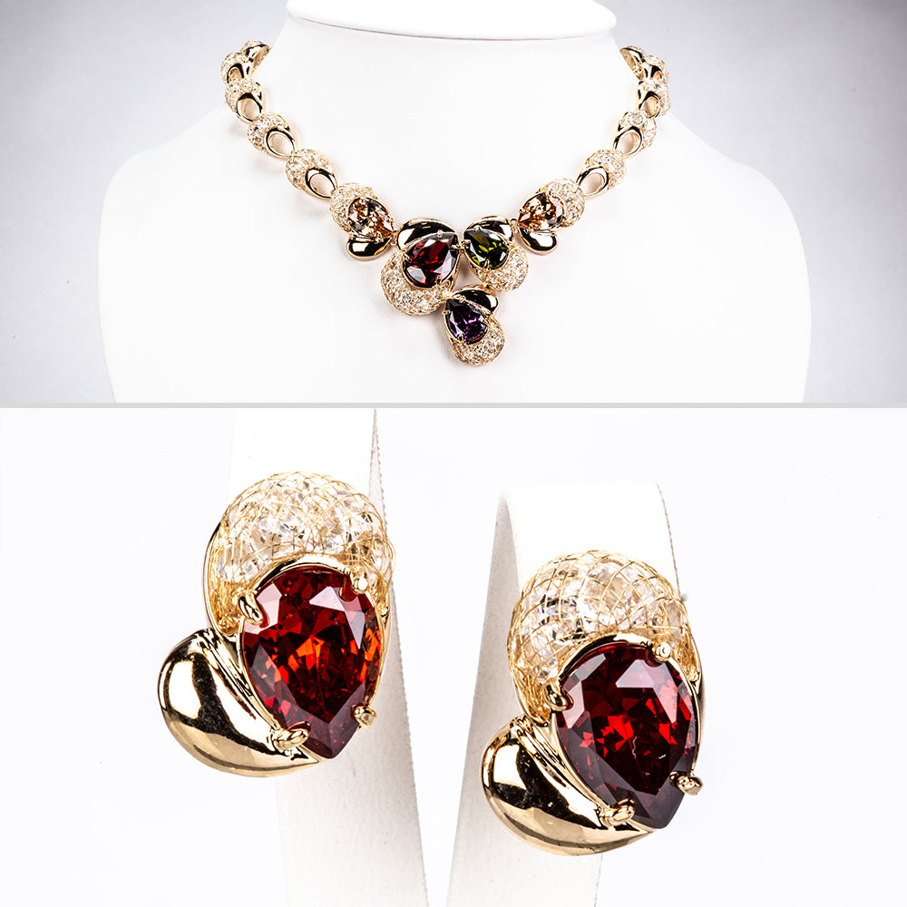 Conjunto de Aleación Bañado en Oro con Cristal Emporia® Rojo y Cristal Emporia® Blanco ( Collar +Pendientes ) 1 