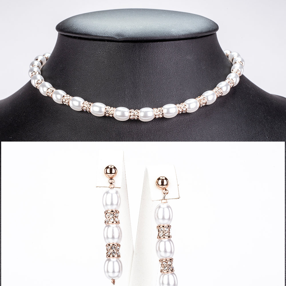 Conjunto de Aleación Bañado en Oro con Perla de cristal y Cristal Emporia® Blanco ( Collar +Pendientes ) 5 