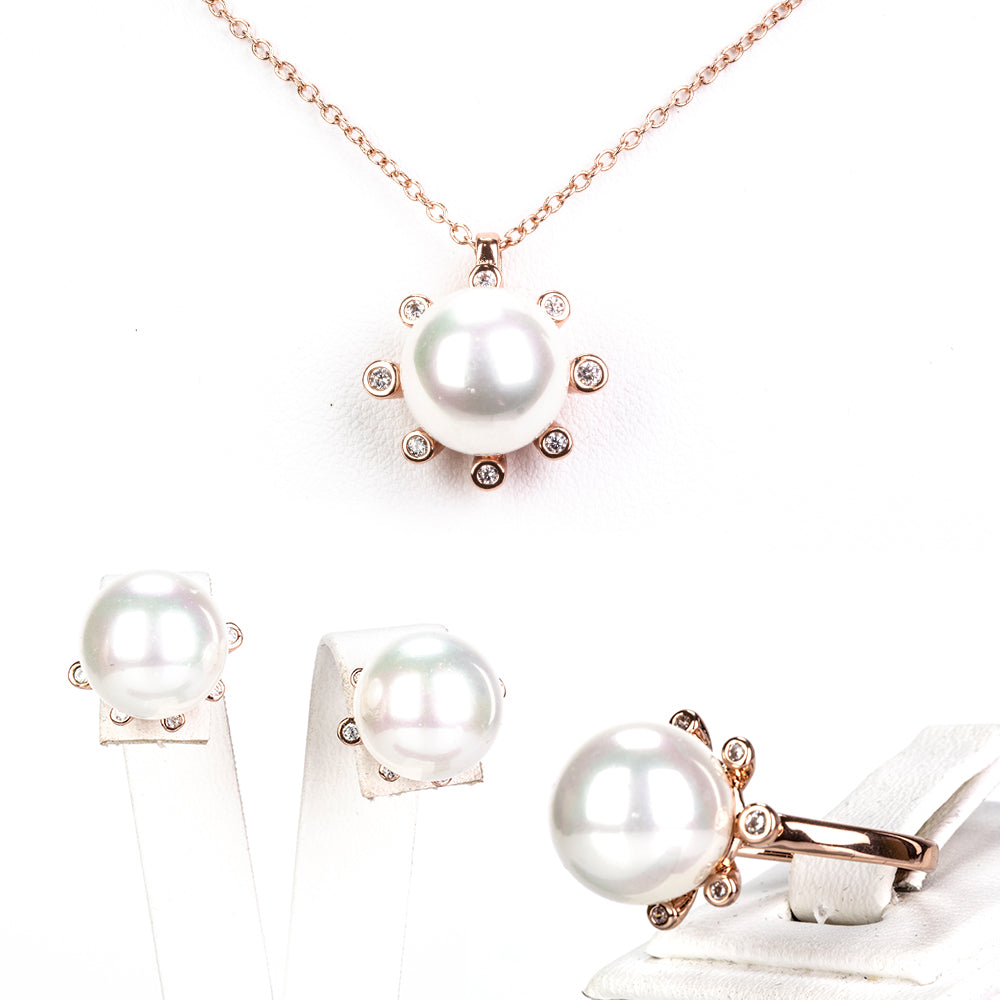 Conjunto de Aleación Bañado en Oro con Perla de cristal y Cristal Emporia® Blanco ( Collar +Pendientes +Anillo ) 1 