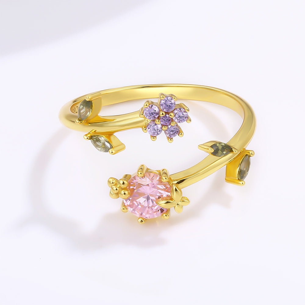 Anillo de Aleación Bañado en Oro con Cristal Emporia® Rosa y Cristal Emporia® Púrpura 1 