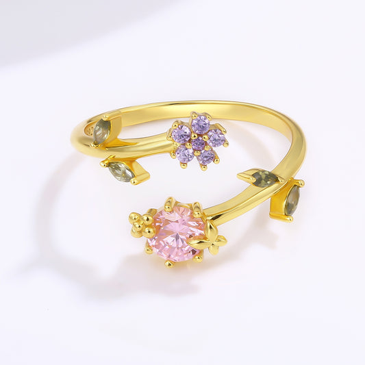 Anillo de Aleación Bañado en Oro con Cristal Emporia® Rosa y Cristal Emporia® Púrpura