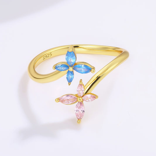 Anillo de Aleación Bañado en Oro con Cristal Emporia® Rosa y Cristal Emporia® Azul