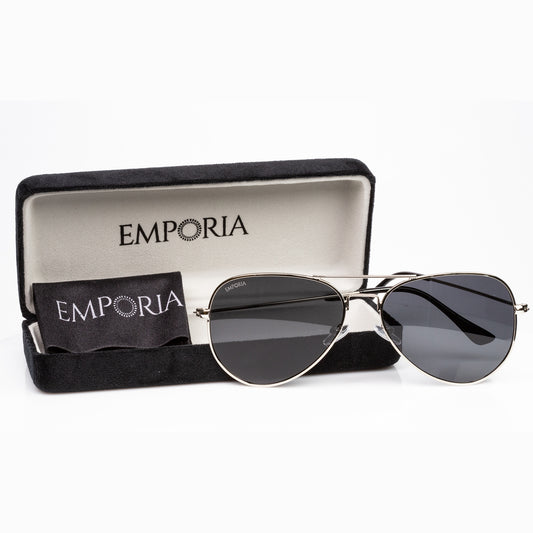 Emporia Italy - Gafas de sol piloto "JEFE", gafas de sol polarizadas con filtro UV con  estuche y paño de limpieza, lentes gris oscuro, montura plateada