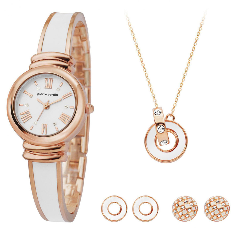Reloj de Aleación Bañado en Oro con Esmalte y Cristal Emporia® Blanco (Collar +Pendientes ) 1 