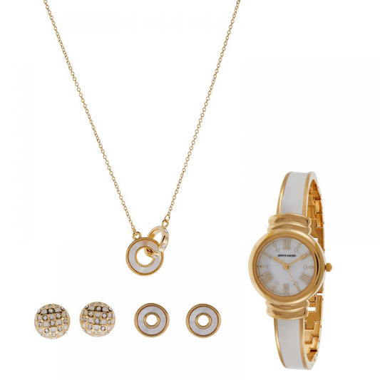 Reloj de Aleación Bañado en Oro con Esmalte y Cristal Emporia® Blanco (Collar +Pendientes )