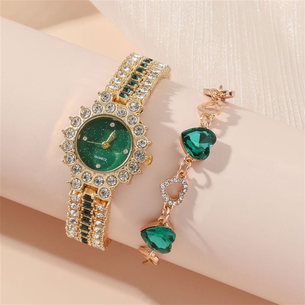 Conjunto de Aleación Bañado en Oro con Cristal Emporia® Verde y Cristal Emporia® Blanco ( Collar +Pendientes +Pulsera +Anillo +Colgante )