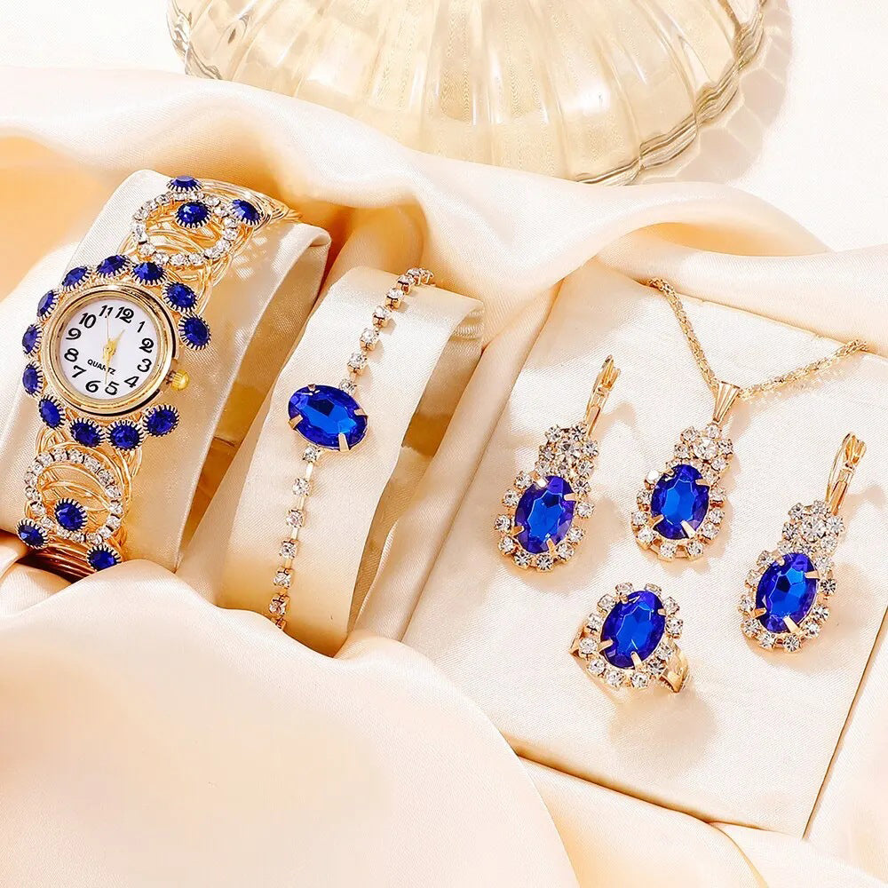 Conjunto de Aleación Bañado en Oro con Cristal Emporia® Azul y Cristal Emporia® Blanco ( Collar +Pendientes +Pulsera +Anillo +Colgante ) 2 